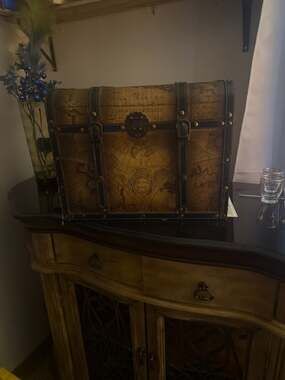 Via Vee World Map Decorative Wooden Treasure Chest Trunk with Faux Leather Strap